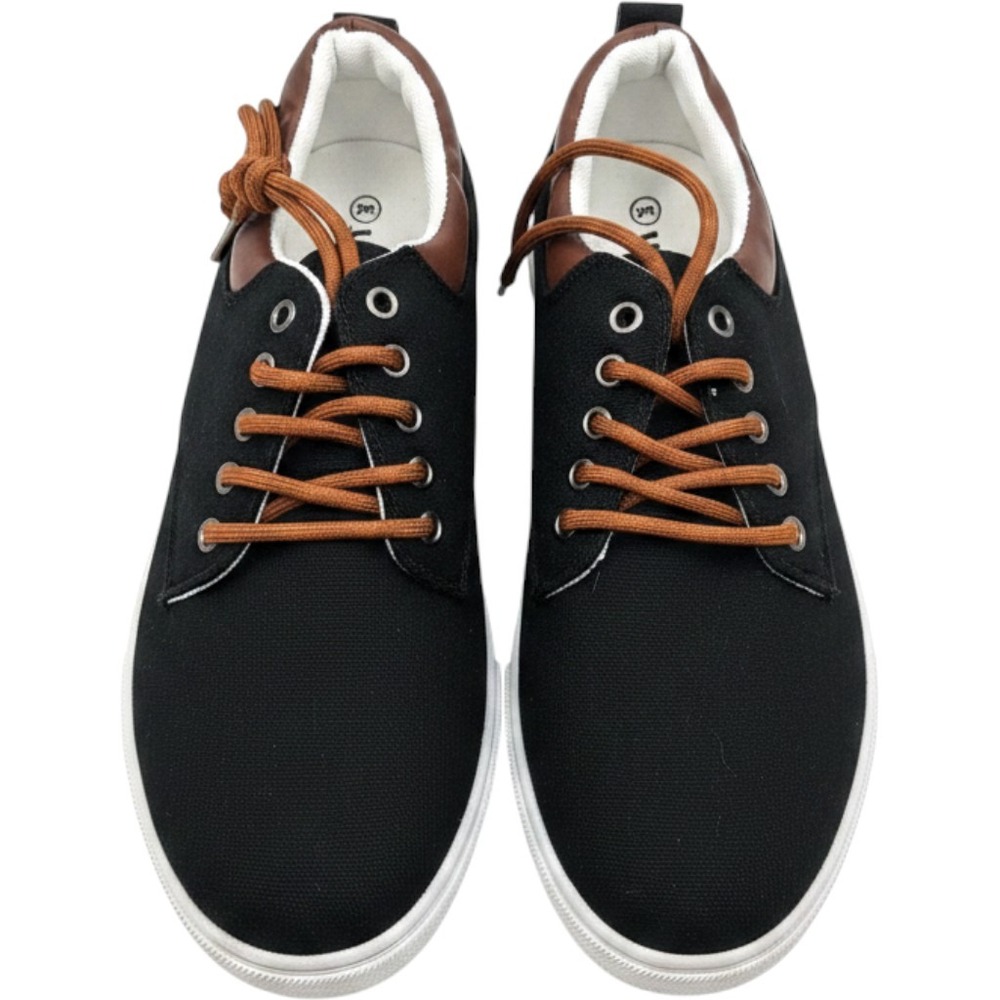 Mens Black Canvas Low Top Sneakers Brown Trim Lace Up Casual Shoes Size 45